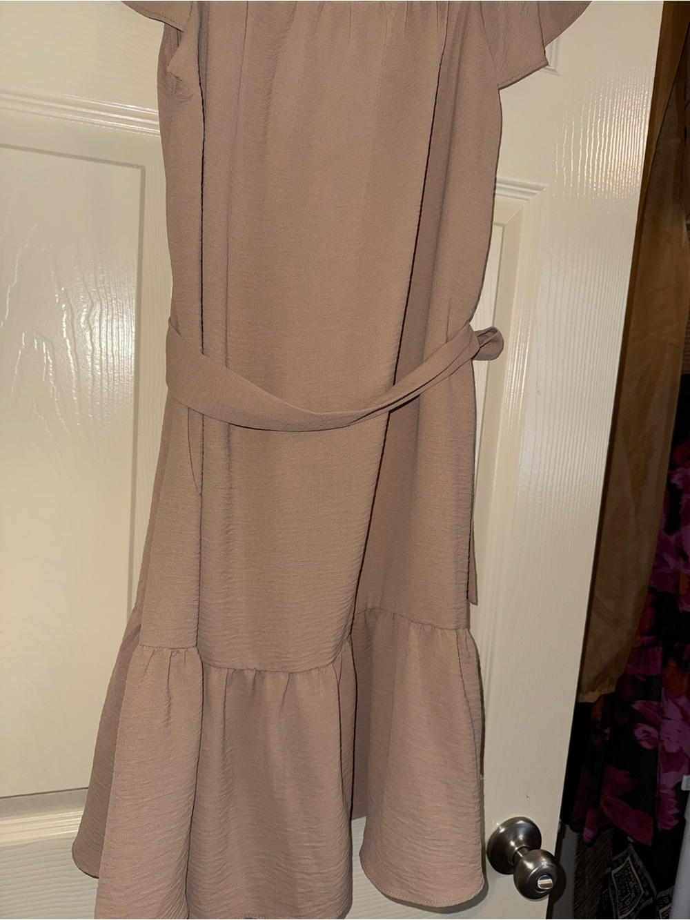 DKNY Taupe Off-Shoulder Midi Dress with Self Tie - Picture 3 of 6